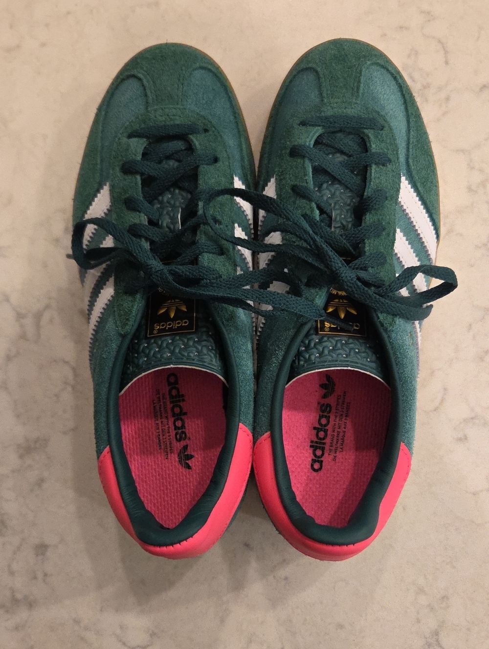 Adidas Women's Green Suede Gazelle Sneakers with White Stripes and Pink Heel Tab